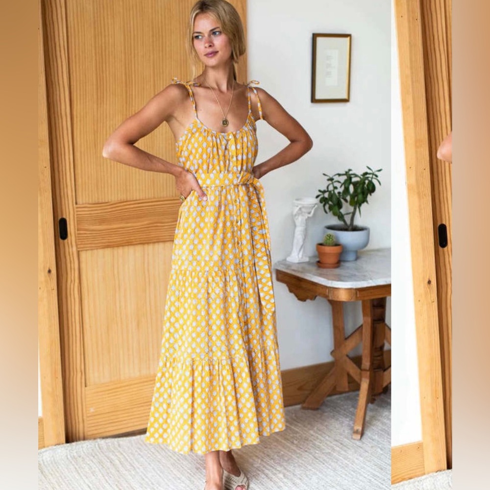 Emerson Fry- Button Front Sundress in Sisters Yellow- Block Print size L.
